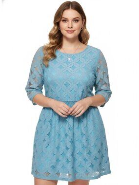 Xhilaration Blue Floral Lace Mini Dress XL Short Sleeve Smocked Waist Lined